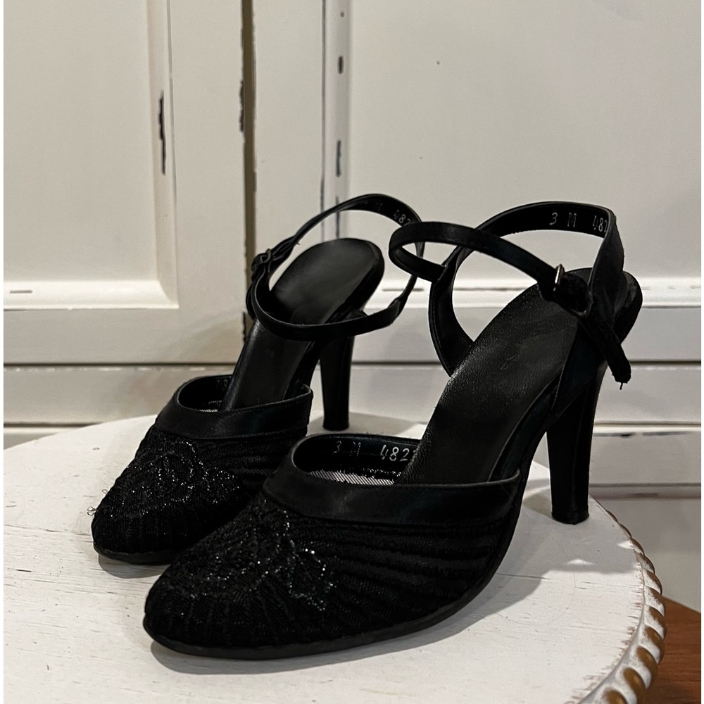 Jacques Lemans Stitch Embellished Satin Black Evening Heels in size 3.